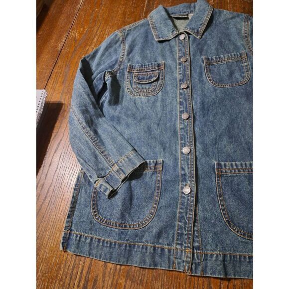 Small Size 4 Chicos Size 0 Long Sleeve Button Front Denim Blue Jean Jacket - Picture 4 of 6